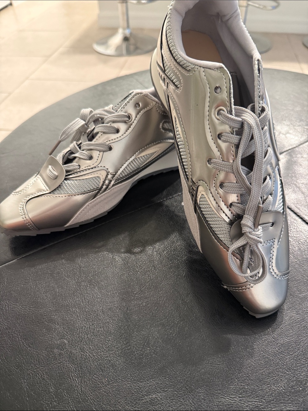 Metallic Silver Lace-Up Sneakers